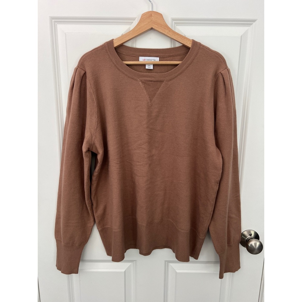 Liz Claiborne Women XXL Brown Crewneck Puff Sleeve Rayon Blend Knit Sweater